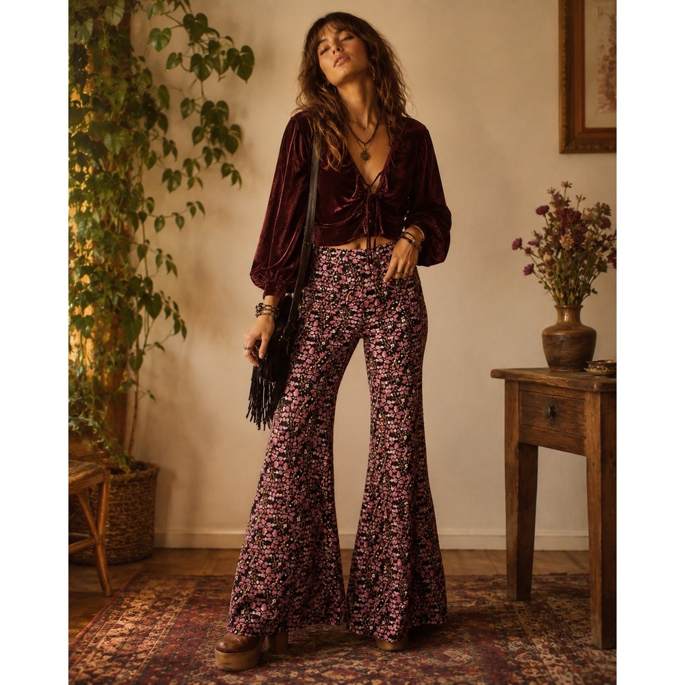 Natural Life Velvet Floral Flare Pant Pink Black Medium